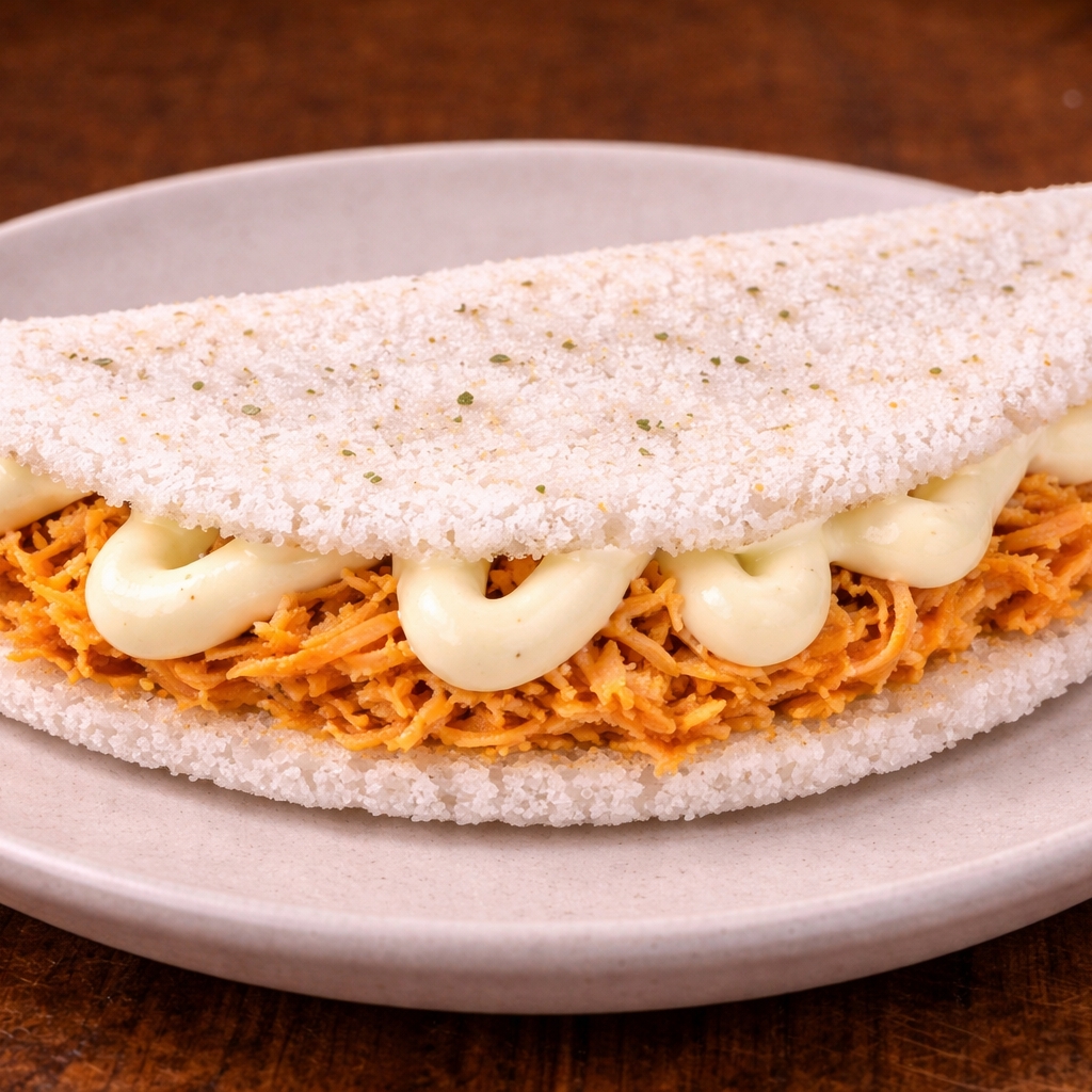 Tapioca feita na hora,super recheada com frango especial