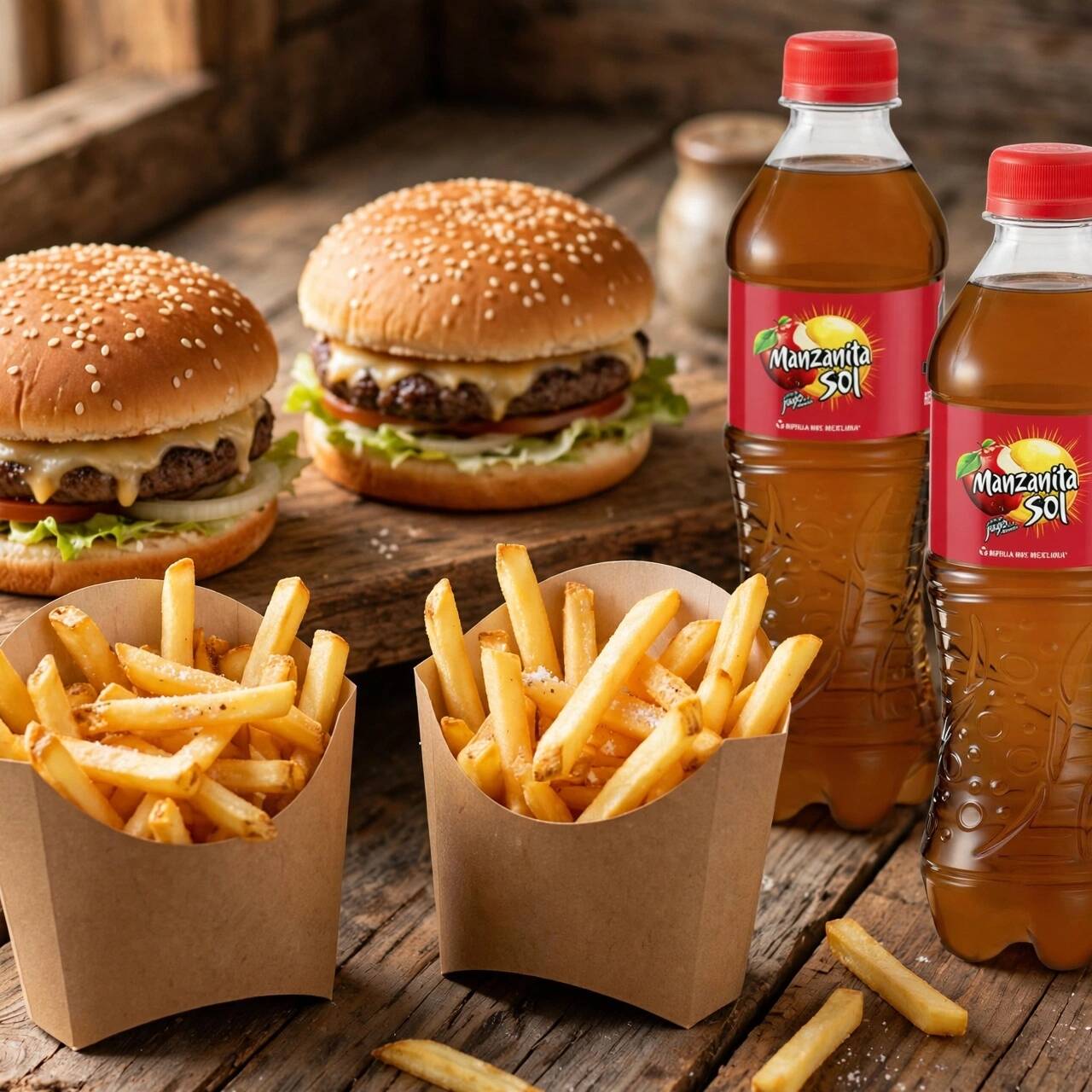 2 hamburguesas, 2 porciones de papas y 2 refrescos