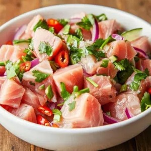 Deliciosos cubos de peixes marinado com limão e azeite, com pimenta cebolinha e cebola roxa
