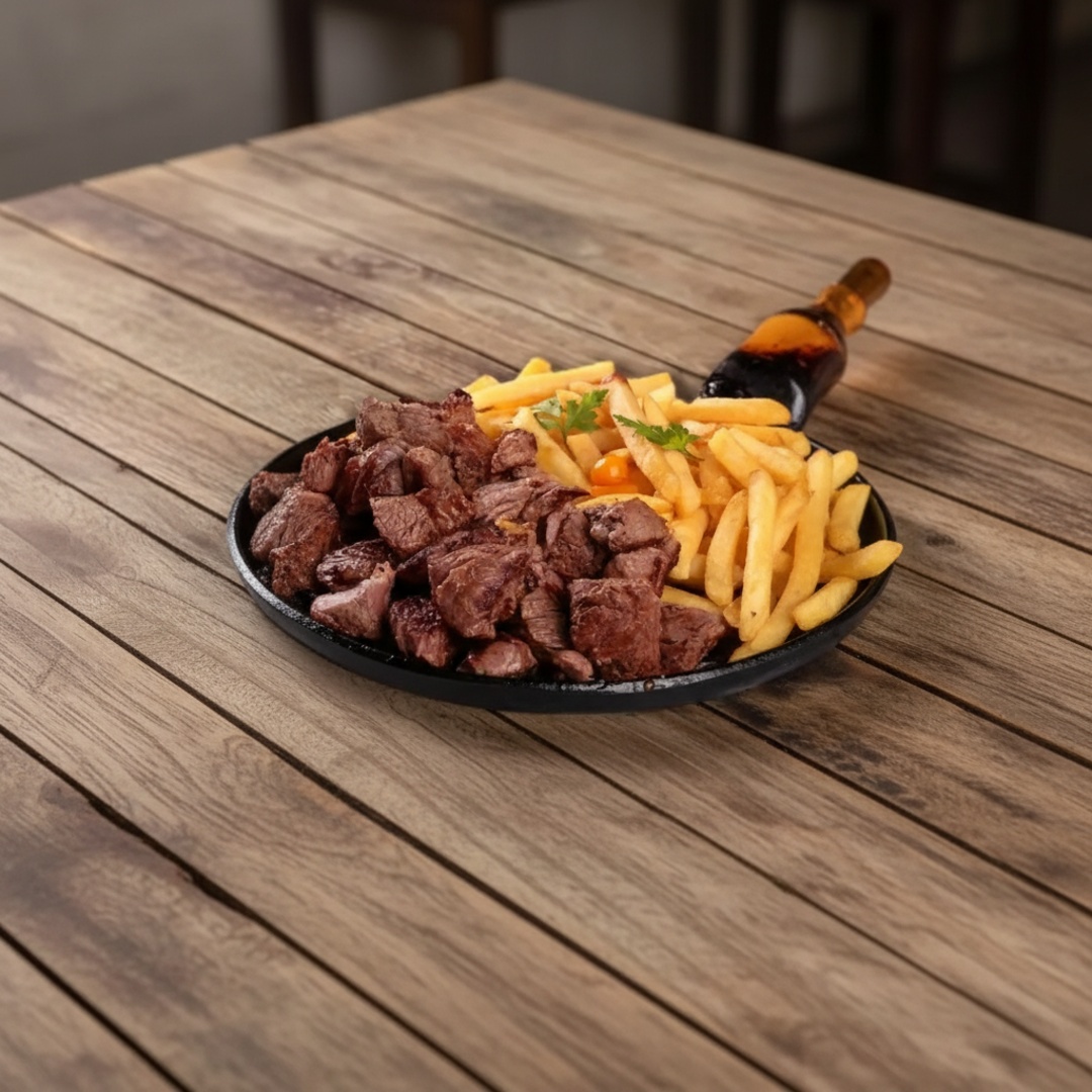 Marmita Pequena Arroz, contra filé, fritas e salada.