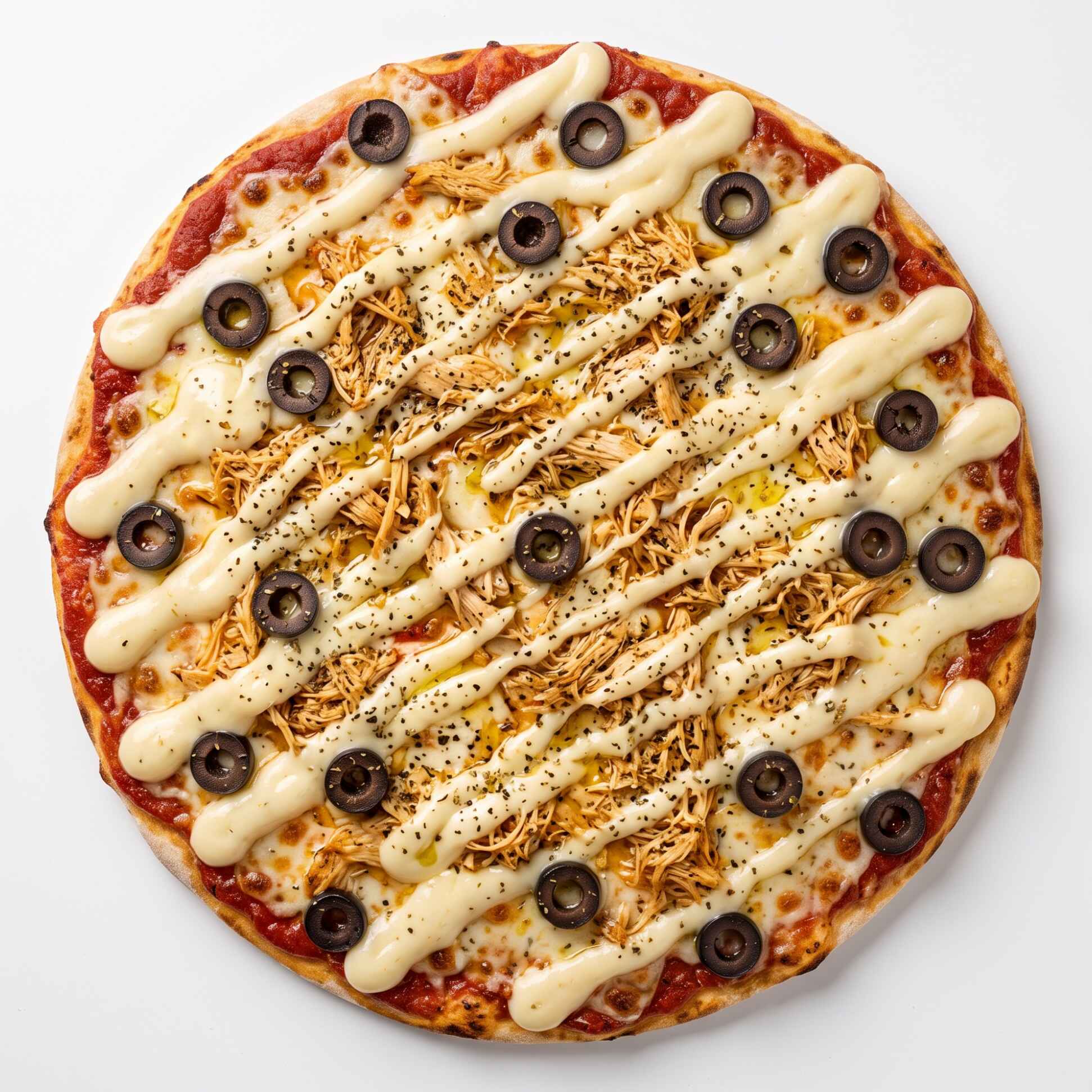Saborosa Pizza com Frango Desfiado temperado com tempero da Cheff, molho de Tomate Artesanal da Casa, Queijo Muçarela, Azeitonas Pretas e Catupiry, finalizada com orégano.