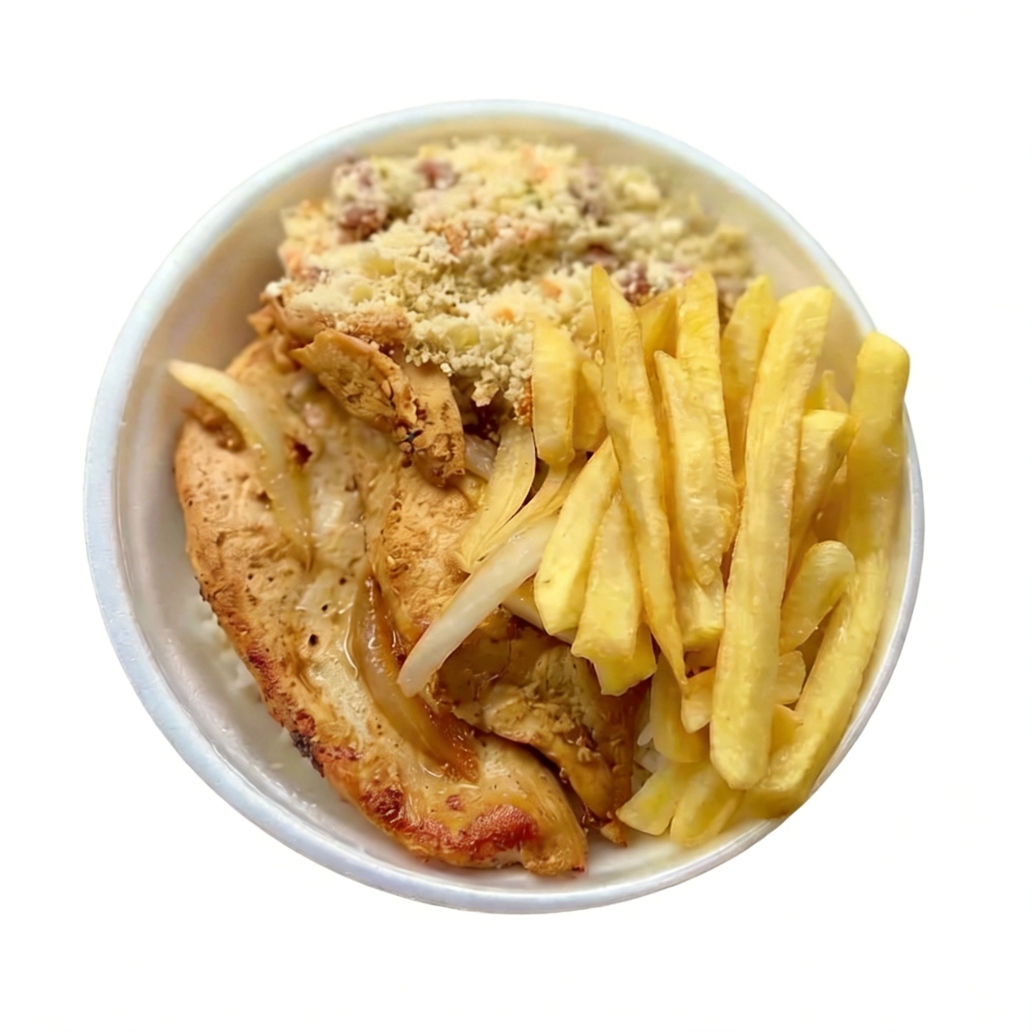 Arroz,Feijão,macarrão e farofa.