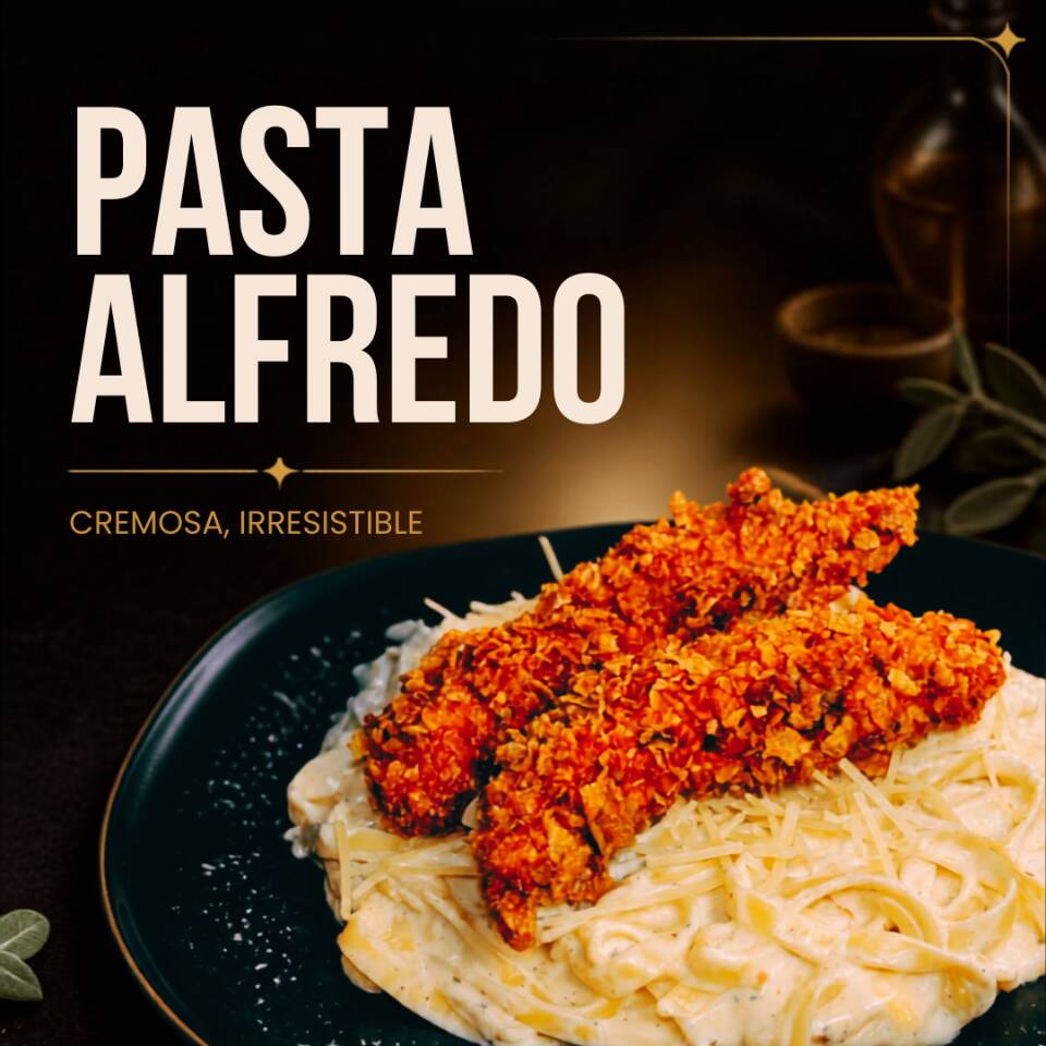 Pasta Alfredo con Tiras Crispy