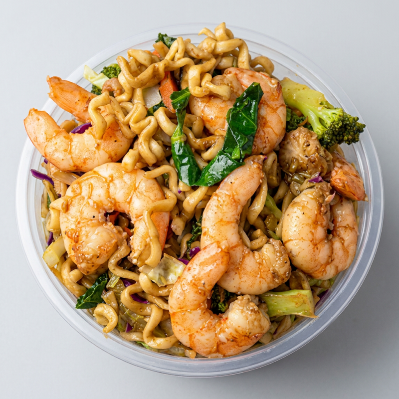 Saboreie nosso delicioso 'Yakisoba de Camarão', uma estrela em nossa categoria 'Os campeões na 99food!'. Este prato é uma combinação perfeita de camarões suculentos, cuidadosamente salteados, com uma seleção variada de legumes frescos como repolho roxo e verde, brócolis e cenoura, tudo envolto em um irresistível molho especial. A couve acrescenta uma textura crocante a cada garfada, tornando esta refeição uma experiência culinária verdadeiramente deliciosa e equilibrada. Aprecie cada pedaço!