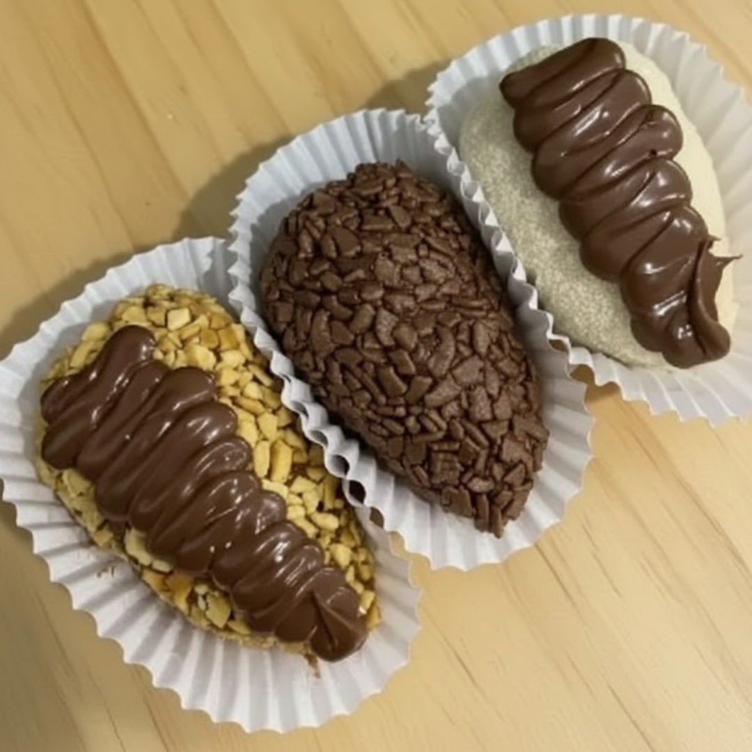 Super promoção por tempo limitado! Trio de Coxinhas Doces. O pacote vai uma de Chocolate, uma Tipo Ferrero Rocher e uma Ninho com Nutella. Todas recheadas com morango. Atenção: Não tem alteração dos sabores no pedido e todas vão com morango.