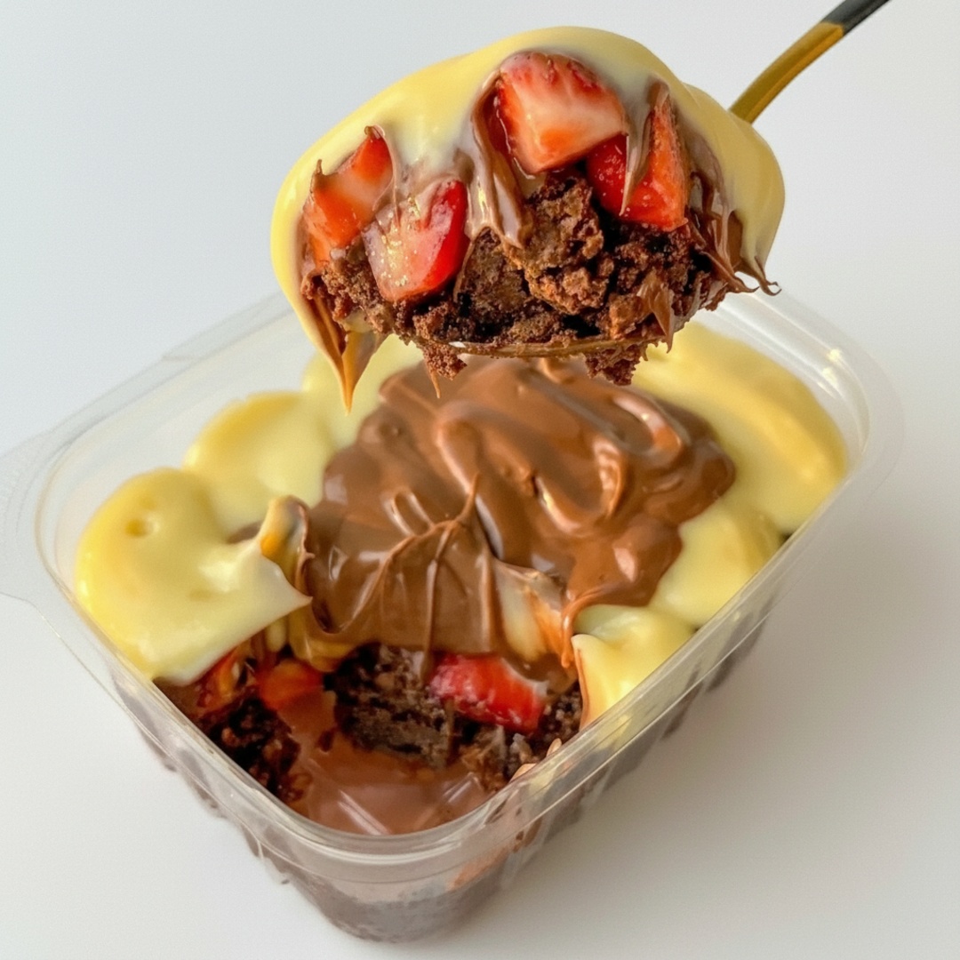 Brownie intense molhadinho só feito com chocolate 50% coberto com brigadeiro de Ninho Nutella e morango