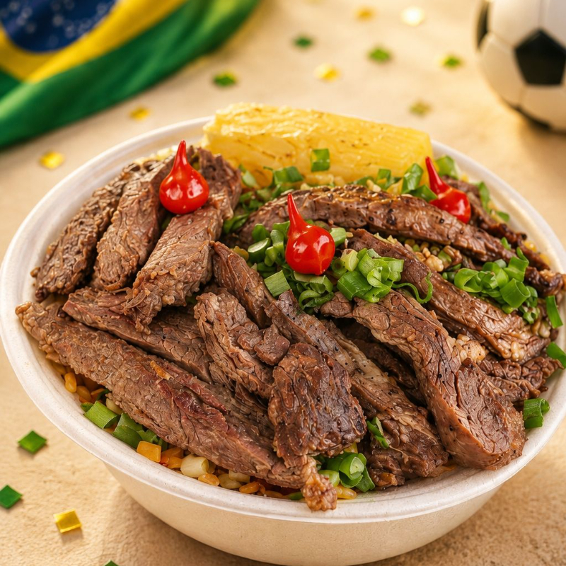 Nosso Delicioso Baião De Dois, É Feito Com Linguiça Defumada sadia, Cebola, Arroz, Feijão De Corda Legitimo, queijo coalho, Regado Com Manteiga De Garrafa Pra Deixar Aquele Sabor Inconfudivel, Tempero Baiano, Coloral E Salsinha. Acompanha Mandioca Frita Na Manteiga, e um suculentas tiras de fraldinha. Finalizado Com Cebolinha, Pimenta Biquinho e alho frito.