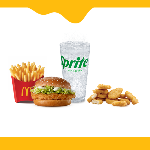 São 1 McOferta Média e 10 Chicken McNuggets para você compartilhar com quem preferir #Méquinosofá. Acompanha 1 (um) sanduíche entre as opções: Chicken Junior, McChicken ou Mccrispy Chicken Legend, 1 (uma) McFritas Média, 1 (uma) bebida e 10 (dez) Chicken McNuggets. Imagem Meramente Ilustrativa.
