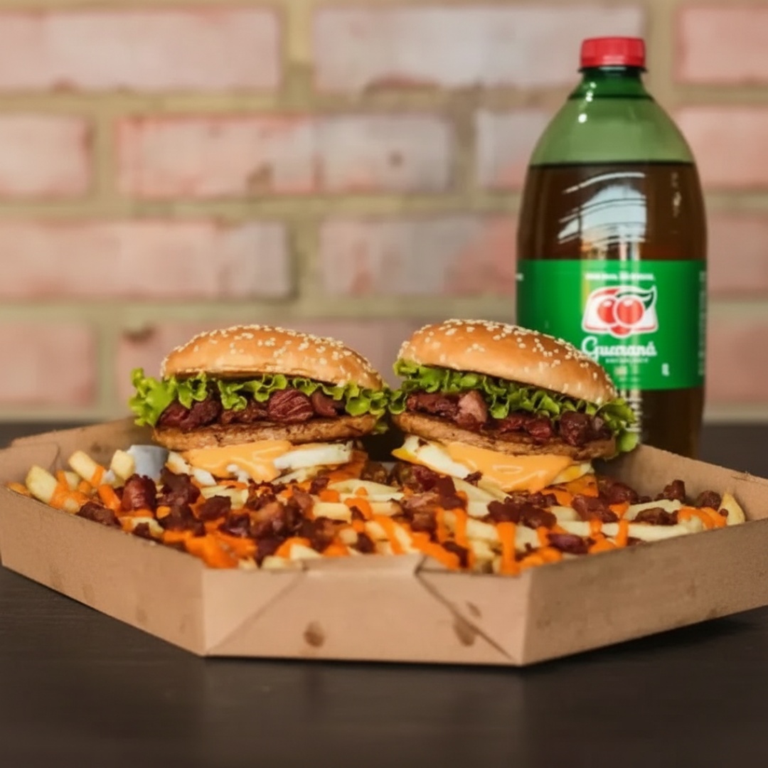 2 Lanches Com Carne Dupla, Batata Turbinada E Um Refri De 1 Litro.
