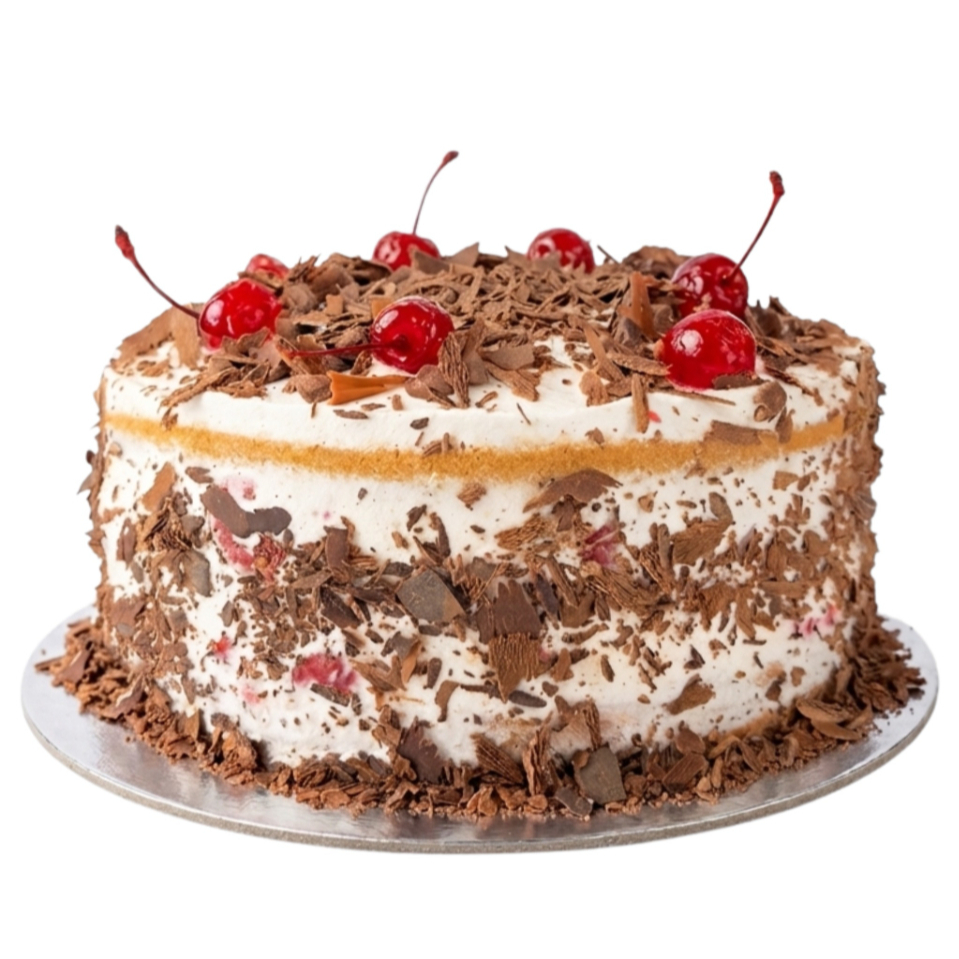 Fatia de Bolo Floresta Negra: massa de chocolate leve com creme suave e recheio de cerejas. Coberto com chantilly, raspas de chocolate e cerejas — equilibrado, cremoso e irresistível.