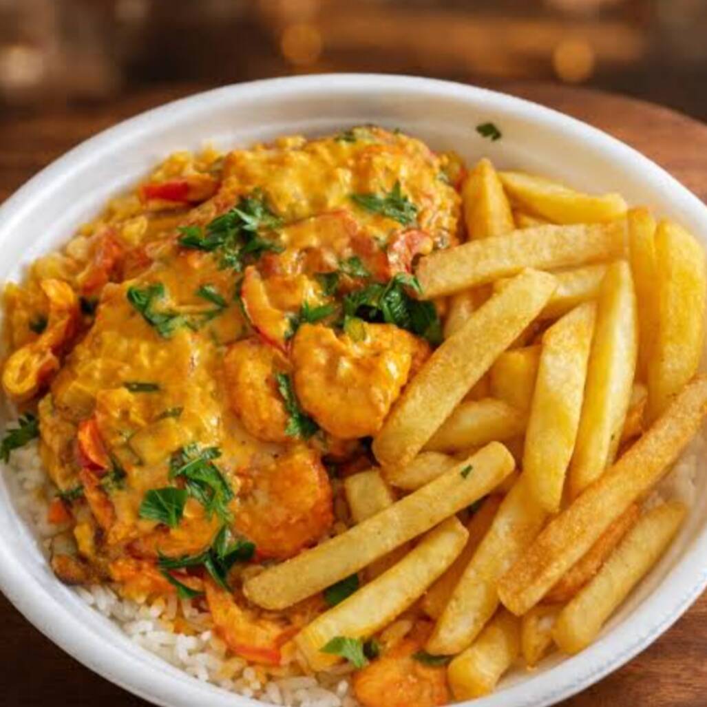 Maravilhoso filé de peixe ao molho de camarão (escolha seus complementos)