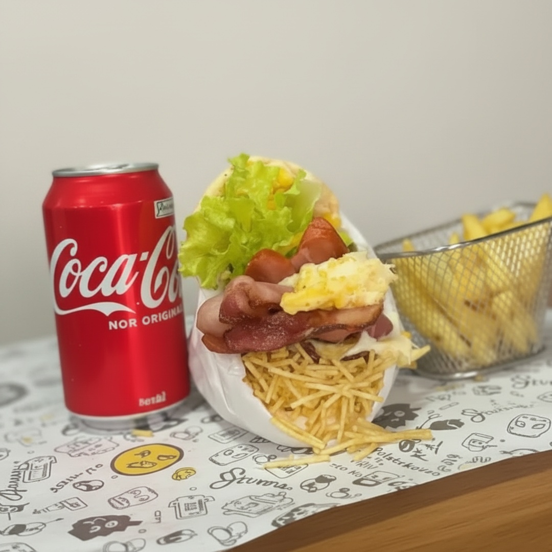 Acompanha um x calabresa tudo + uma porçao de batata 100g + uma coca lata