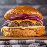 Pão, hamburguer de fraldinha 160gr, queijo cheddar, molho tartaro e cebola roxa