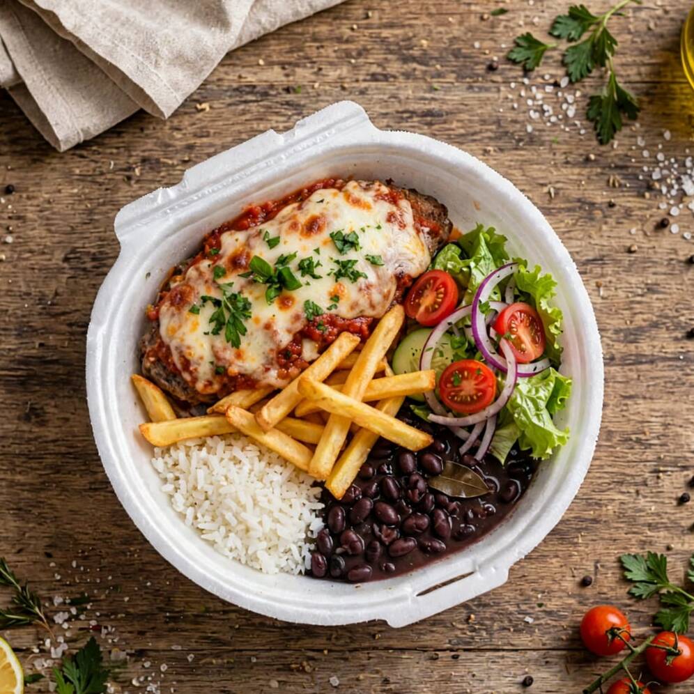 BIFE DE BOI SUCULENTO EMPANADO COBERTO COM MOLHO DE TOMATE E QUEIJO QUE DERRETE NA BOCA COM ARROZ , FEIJÃO, BATATA FRITA CROCANTE
PEÇA JÁ A SUA !!