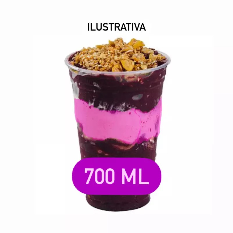 Açaí + Creme 500ml + 3 Complementos + 1 Calda ACOMPANHAMENTOS Leite ninho Granola Mms Banana Kiwi Canudinho de chocolate Jujuba Amendoim triturado Paçoca Chocobol Morango CALDAS Morango Menta Chocolate Leite Condensado