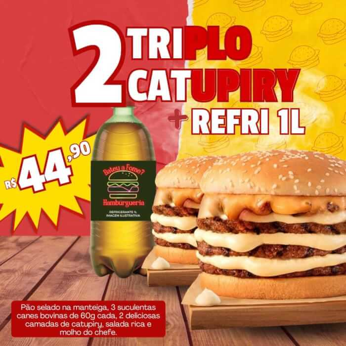 Pão selado na manteiga, 3 suculentas carnes bovinas de 60g cada, 2 deliciosas camadas de catupiry e molho especial.