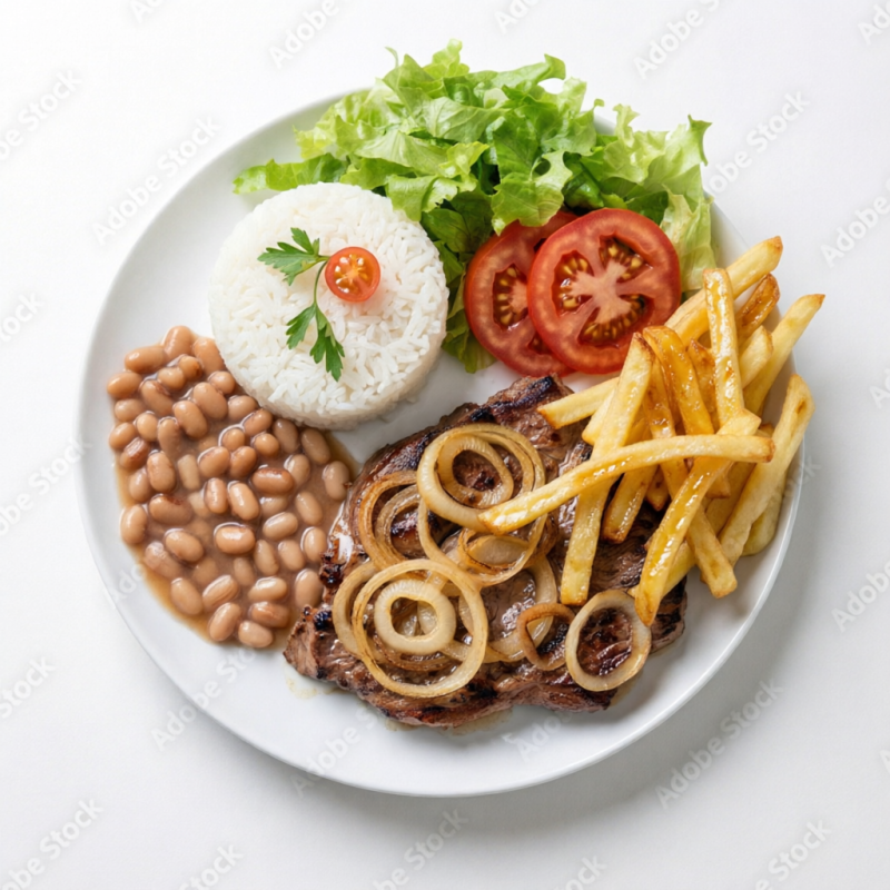 Bife acebolado, arroz, feijão, salada e batata frita