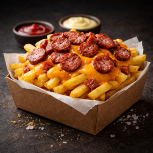tamanho M - batata frita com calabresa e cheddar (aproximademente 300g)