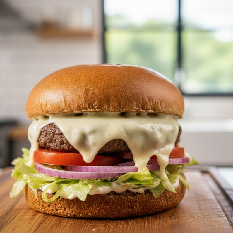 Hambúrguer Fit artesanal com 120g de carne magra (patinho), tempero especial, no pão brioche 0% gordura trans e 0% colesterol, alface americana, tomate, cebola roxa, mussarela derretida e o clássico molho Ranch com o toque especial da La! Fresh !!!