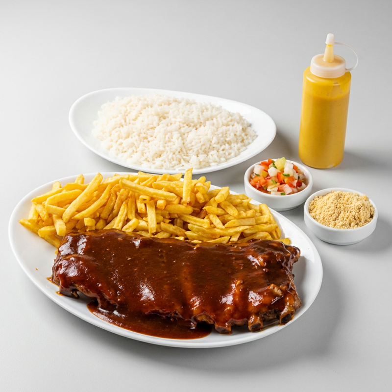 servida ao molho barbecue, com acompanhamento de arroz e fritas