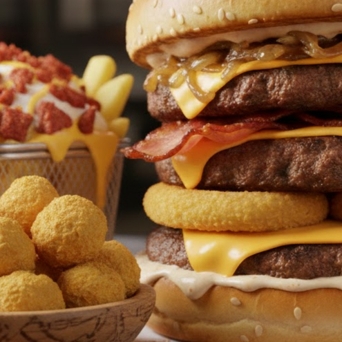 Acompanha 3 x burguer , batata frita com cheddar calabresa e catupury e 12 unidades de mini coxinha