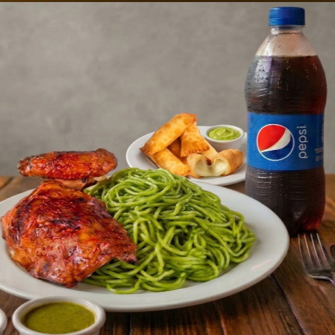 Tallarines verdes con Pollo a la brasa