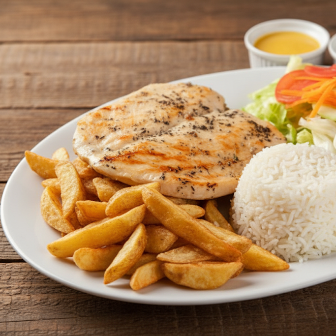 Pechuga a la Plancha con Papas Fritas y Arroz.