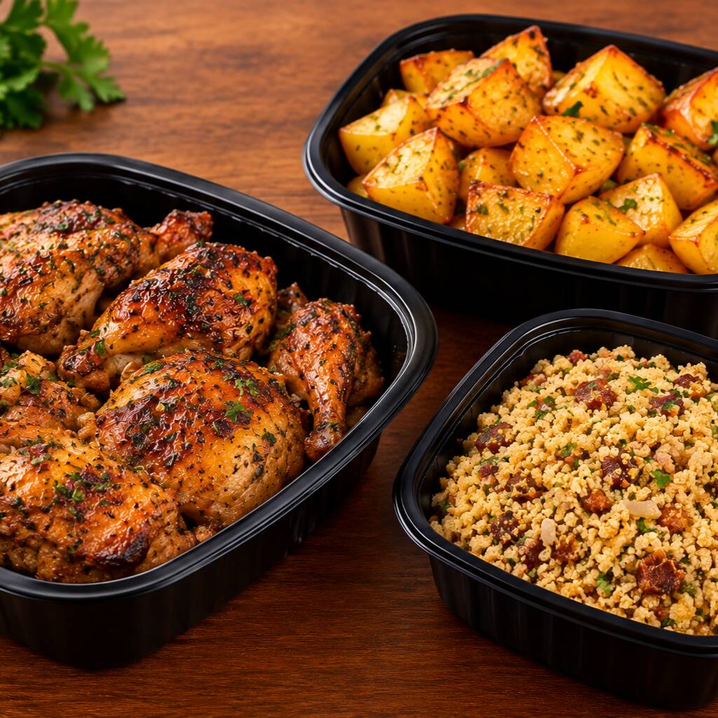 Frango marinado à moda do Cheff, preparado com temperos especiais e ervas selecionadas que garantem sabor marcante e suculência em cada pedaço. Assado lentamente até atingir o ponto ideal, com pele dourada e carne macia por dentro. Acompanha batatas coradas no forno, levemente crocantes por fora e macias por dentro, finalizadas com azeite e ervas, criando uma combinação clássica, equilibrada e irresistível para quem aprecia comida bem-feita e cheia de sabor.