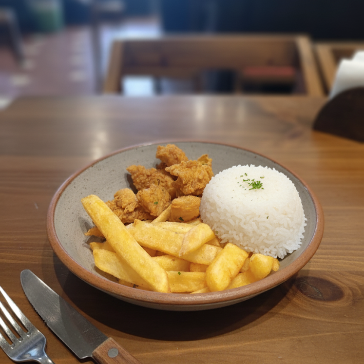 Chicharrón de Pollo con Papas Fritas y Ensalada