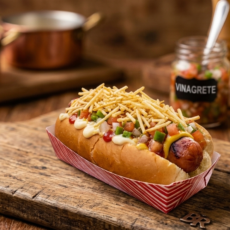 Pão de hot dog, 1 salsicha, maionese, cat chup, mostarda, vinagrete e batata palha