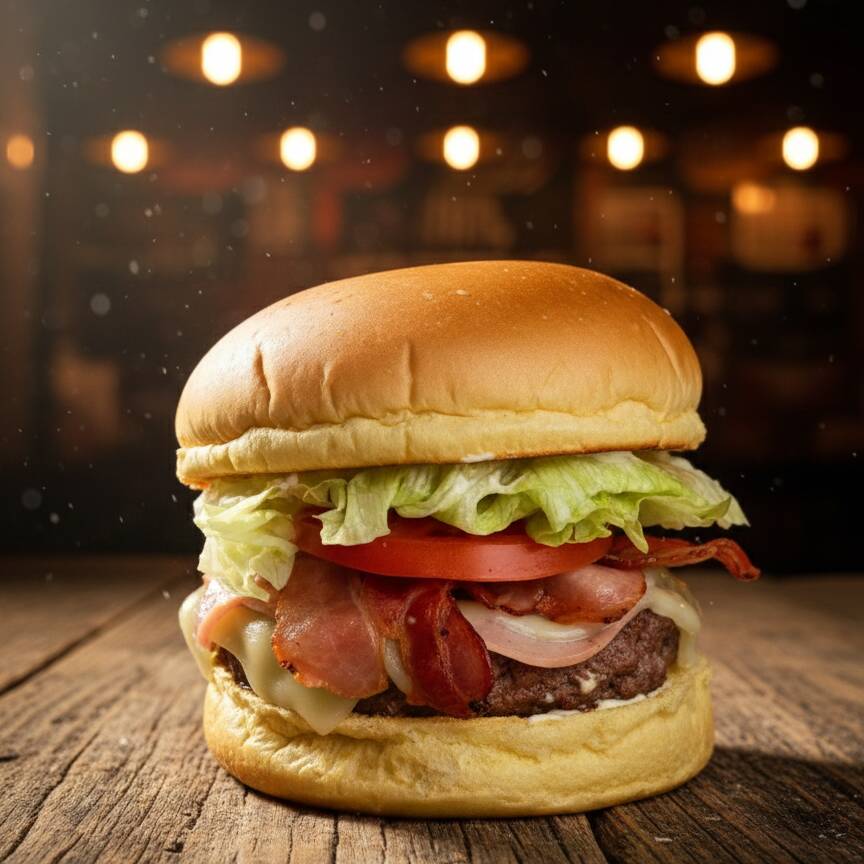 Pão Brioche, Maionese, Hamburguer artesanal 120g, queijo mussarela, presunto, bacon, tomate, alface americana.