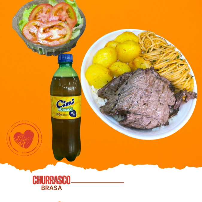 Acompanhado de arroz, feijão, macarrão ao molho sugo e batata assada, mais uma salada de alface e tomate e 0,150g de frango