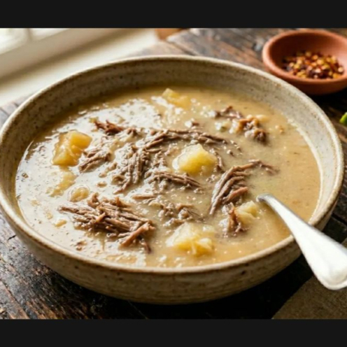 Caldo de Carne desfiada e mandioca. Deliciosamente temperado com alho, cebola, pimentão e nossos temperos especiais. Acompanha torradas, molho de pimenta caseiro, queijo ralado e cheiro verde (coentro e cebolinha). Aprox: 500g