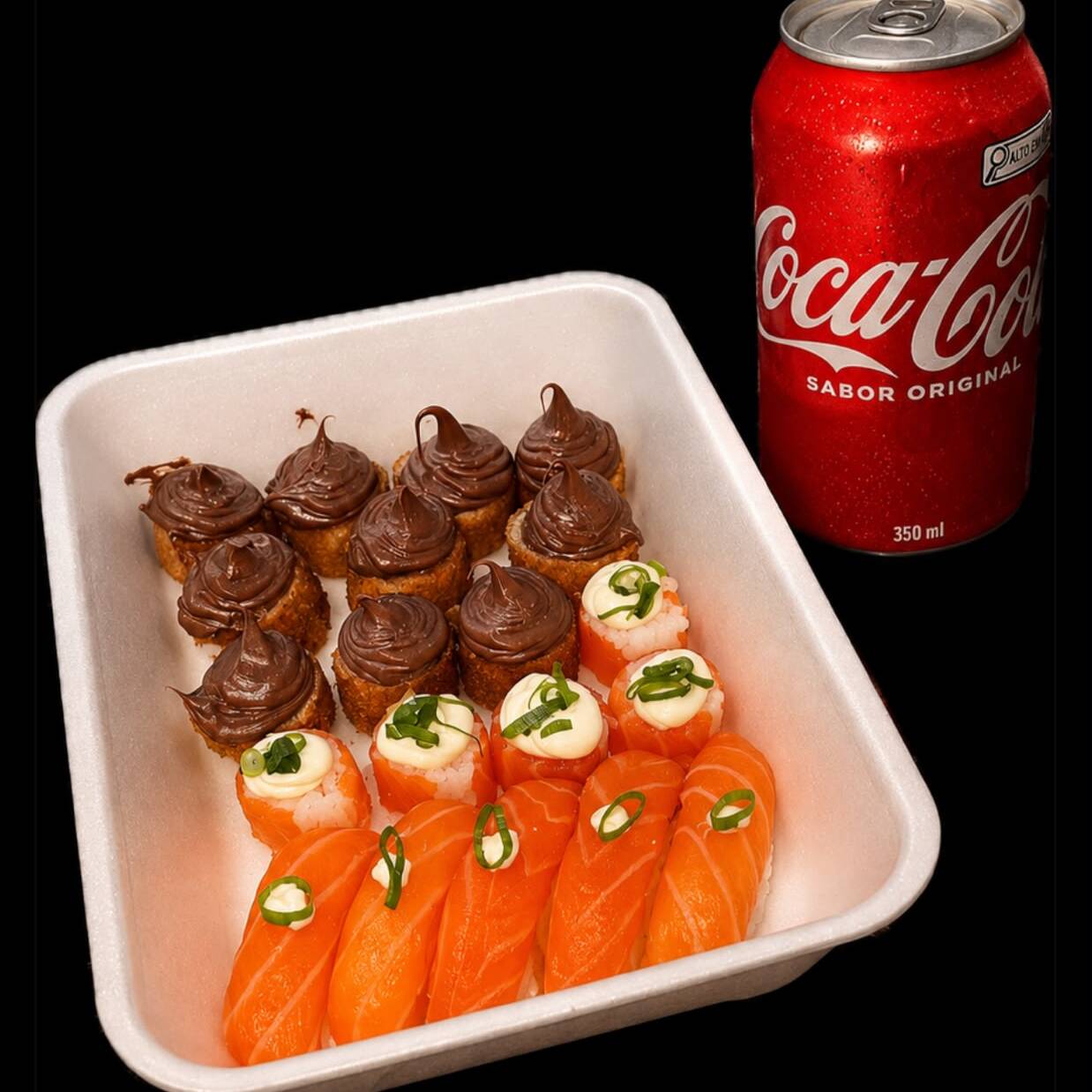 5 Niguiri de Salmão + 5 Jhou + 10 Bananas c/ chocolate + 1 Coca