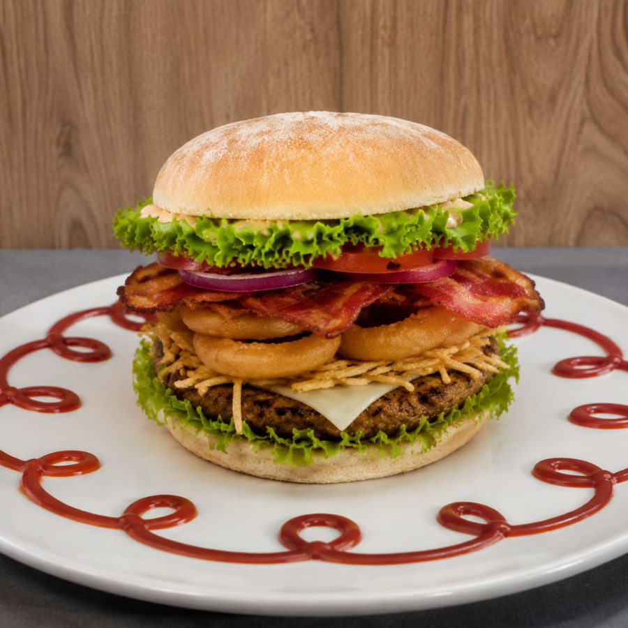Hamburguesa de Tocineta y Aros de Cebolla