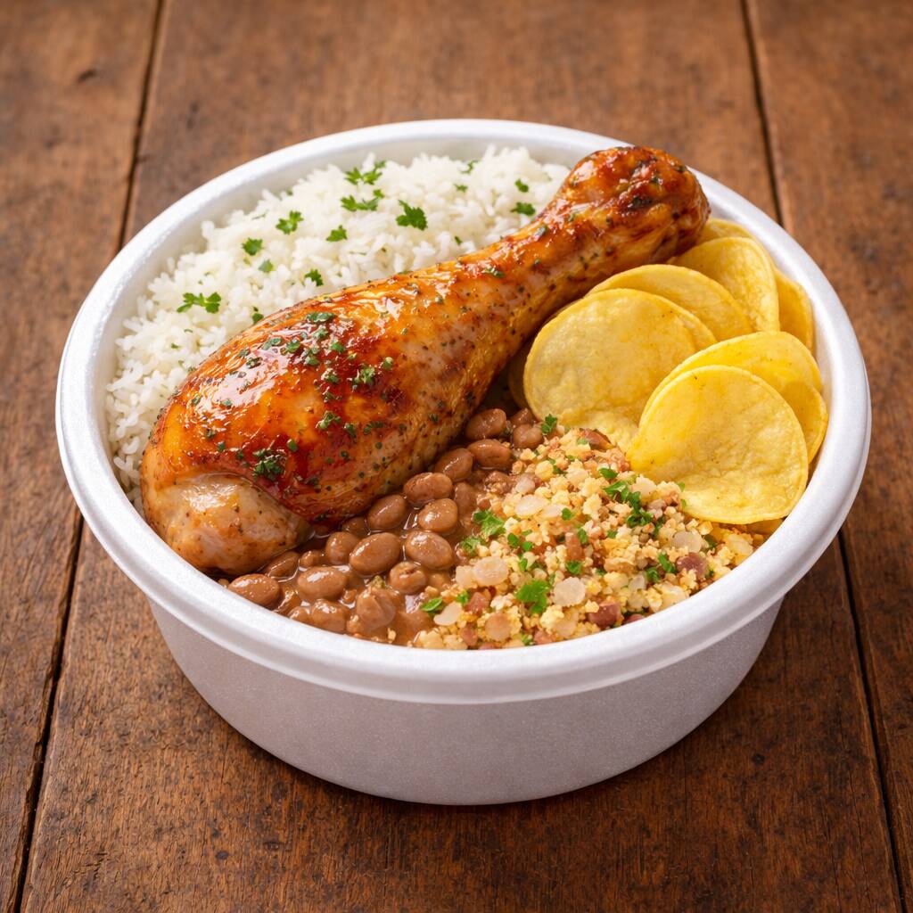 Um prato saboroso contendo: Arroz, Feijão, Farofa, Batata chips, salada e Coxa Assada ou Bife de porco ( Mandar na observação, qual carne deseja, caso contrário será enviado a com maior estoque)