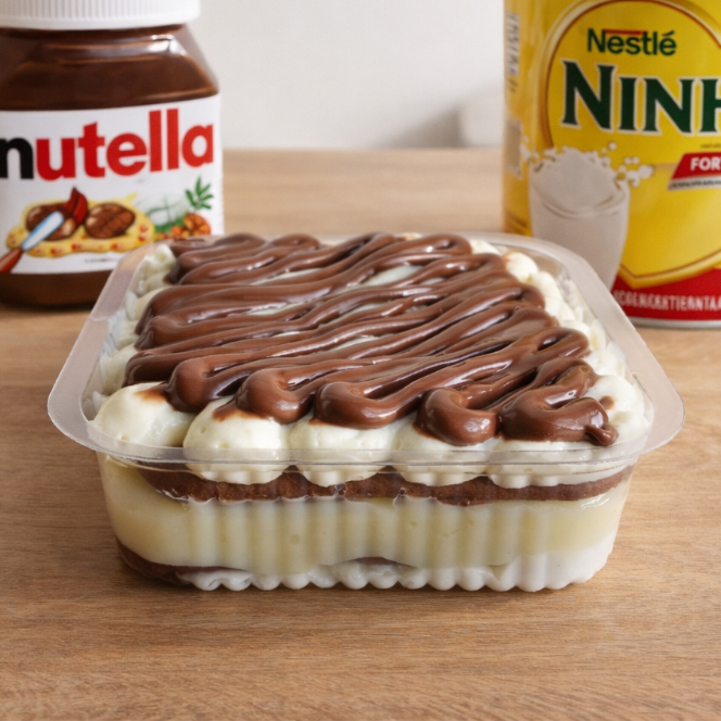 Camadas crocantes de biscoito, camadas generosas de creme de ninho, brigadeiro branco cremoso e nutella. Pra se apaixonar!