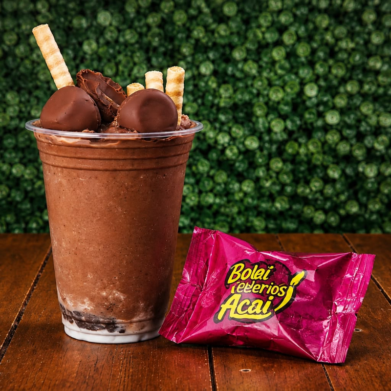 Açaí La Valsa. Acompanha: creme de avelã, Sonho de Valsa, canudinho e leite em pó. O Açaí é feito no ato do pedido, chegando fresquinho e saboroso.