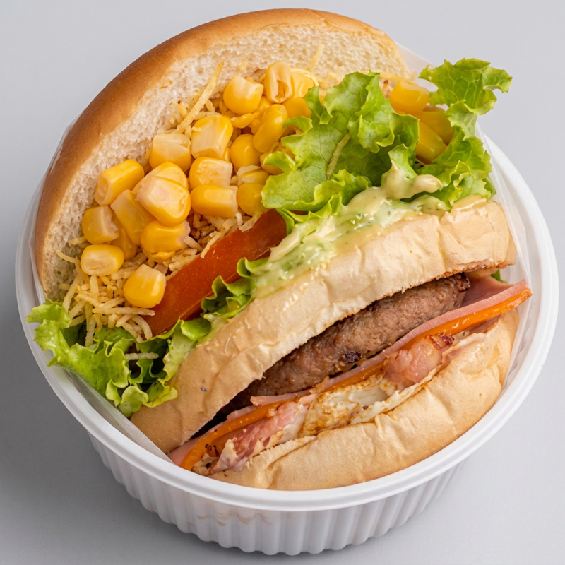 Pão,hambúrguer de picanha 120g,ovo,bacon,queijo e presunto,milho,batata palha,salada e molho especial