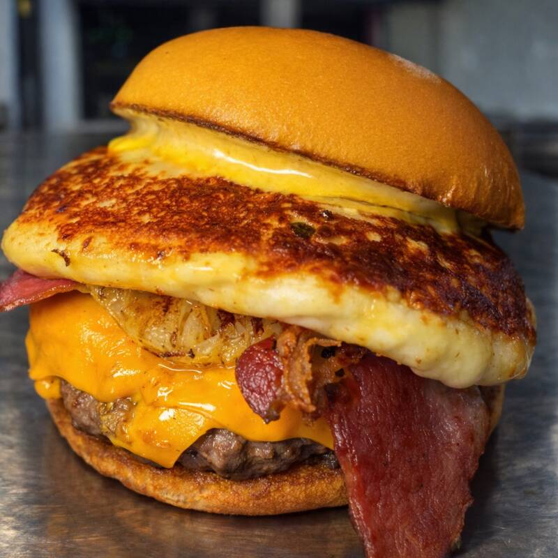 150g carne ,pão chapeado na manteiga de garrafa, queijo mussarela, queijo coalho selado, abacaxi grelhado e caramelizado, bacon em cubos e maionese caseira