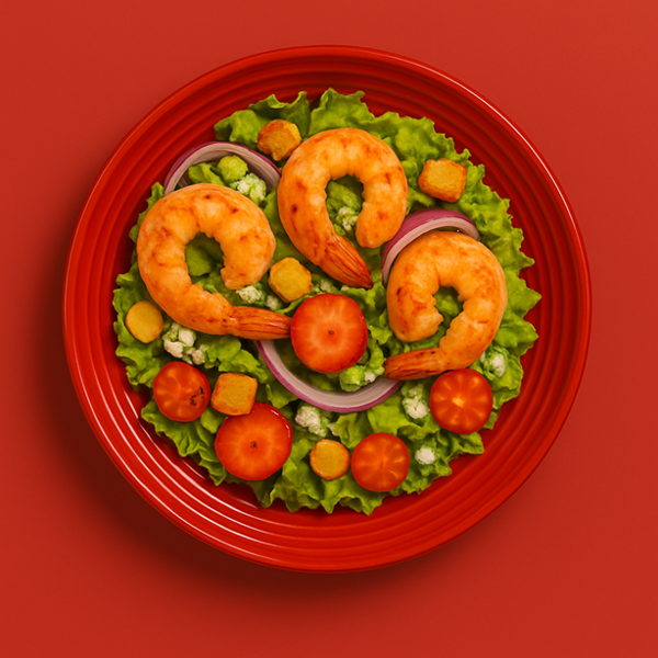 Camarões, alface-romana, morangos frescos, cebola roxa, nozes, tomates e notas de queijo tipo gorgonzola. Servida ao molho vinagrete de morangos do Abbraccio.