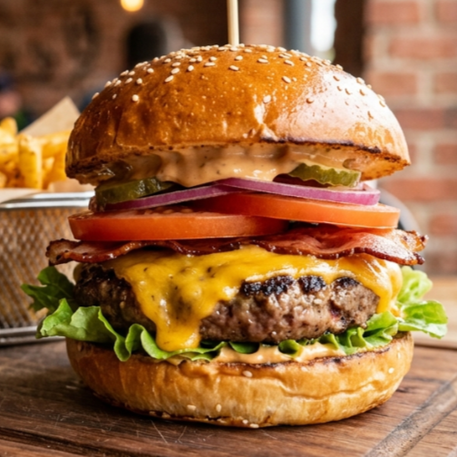 Hamburguesa Tocinera Con Orden De Papas