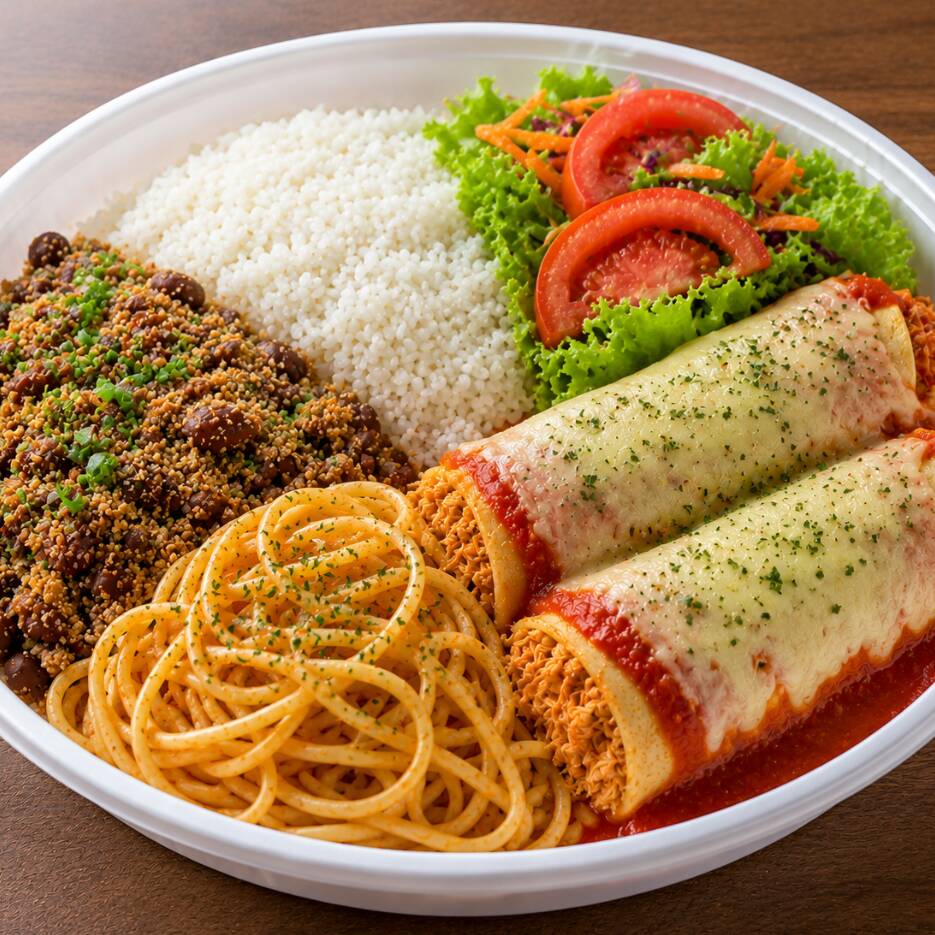 ARROZ BRANCO, SALADA E FEIJÃO TROPEIRO
