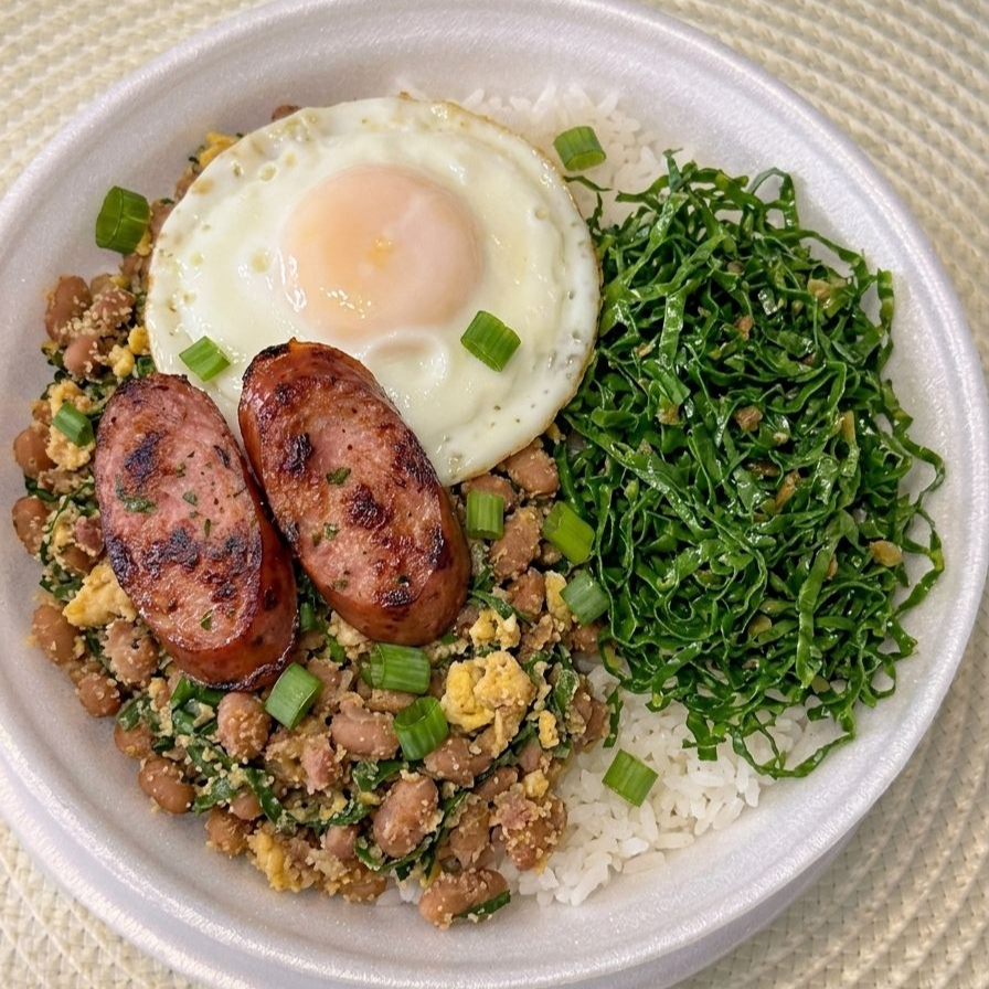 Feijão tropeiro tradicional acompanhado de linguiça e couve refogada, uma refeição completa e saborosa e torresmo