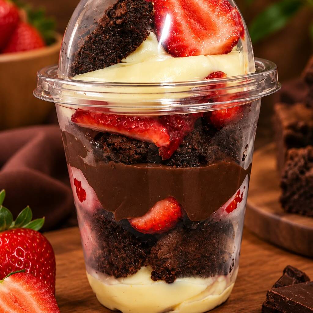Nosso copo da felicidade vai com um delicioso Brownie , creme de Ninho ,brigadeiro de chocolate e morangos frescos . Tamanho Big serve até 2 pessoas, perfeito para casais.