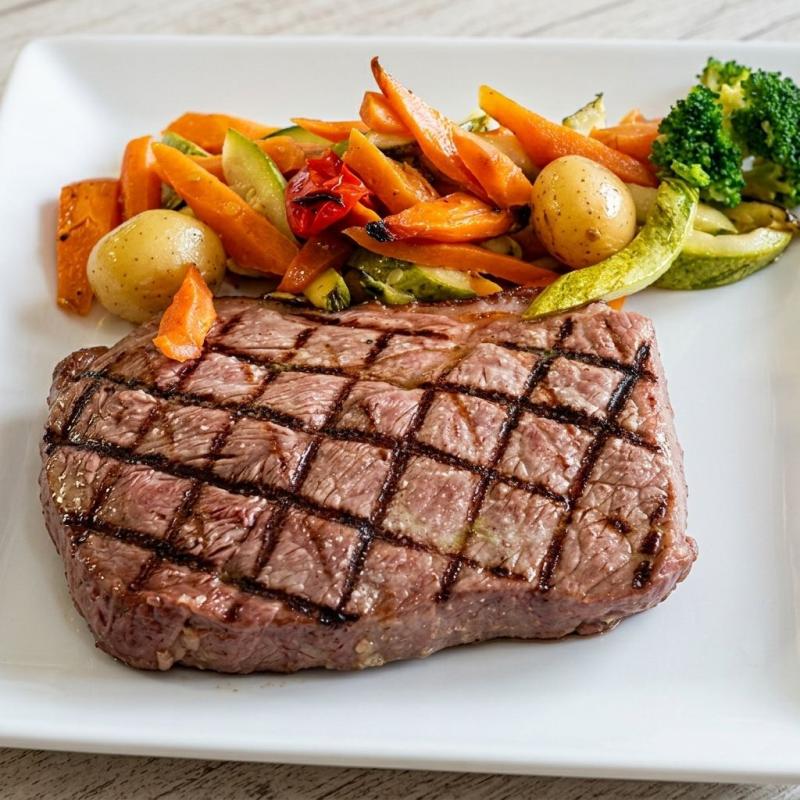 Steak de Chorizo Uruguaio, arroz 150g, feijão 140g, legumes saltê, 120g