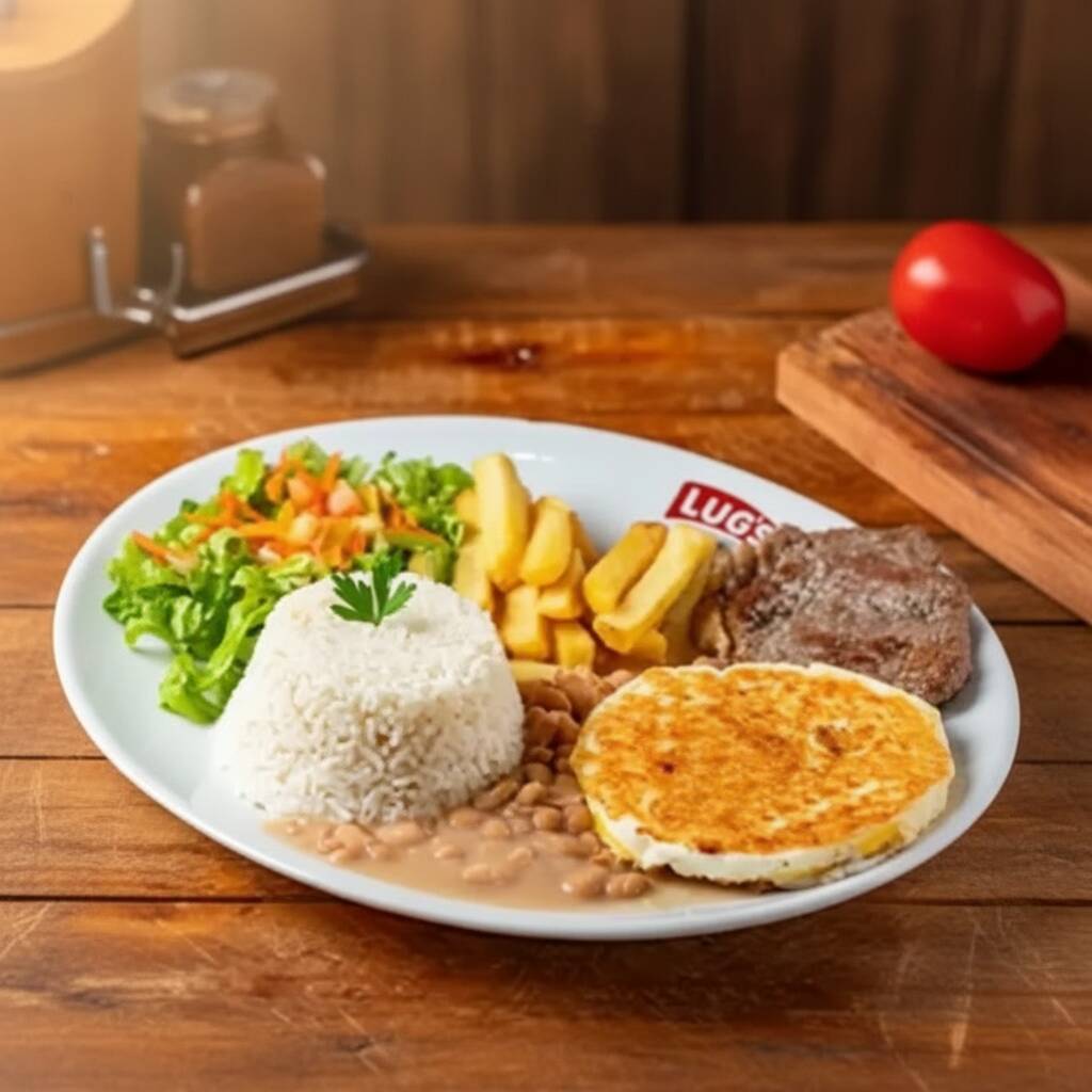 Contra filé usado na casa acompanha dois ovos fritos, arroz, feijão, batata e salada.