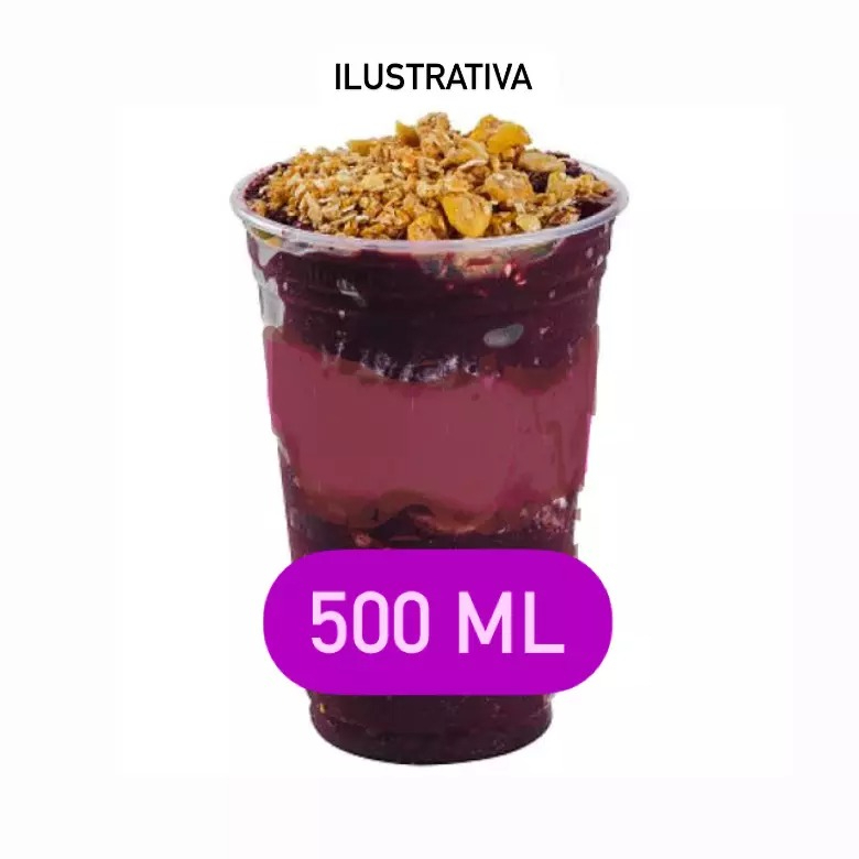 Açaí + Creme 500ml + 3 Complementos + 1 Calda ACOMPANHAMENTOS Leite ninho Granola Mms Banana Kiwi Canudinho de chocolate Jujuba Amendoim triturado Paçoca Chocobol Morango CALDAS Morango Menta Chocolate Leite Condensado