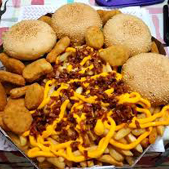 4 X-burgues simples , 500g de batata , 8 nuggets , bacon , cheddar .
