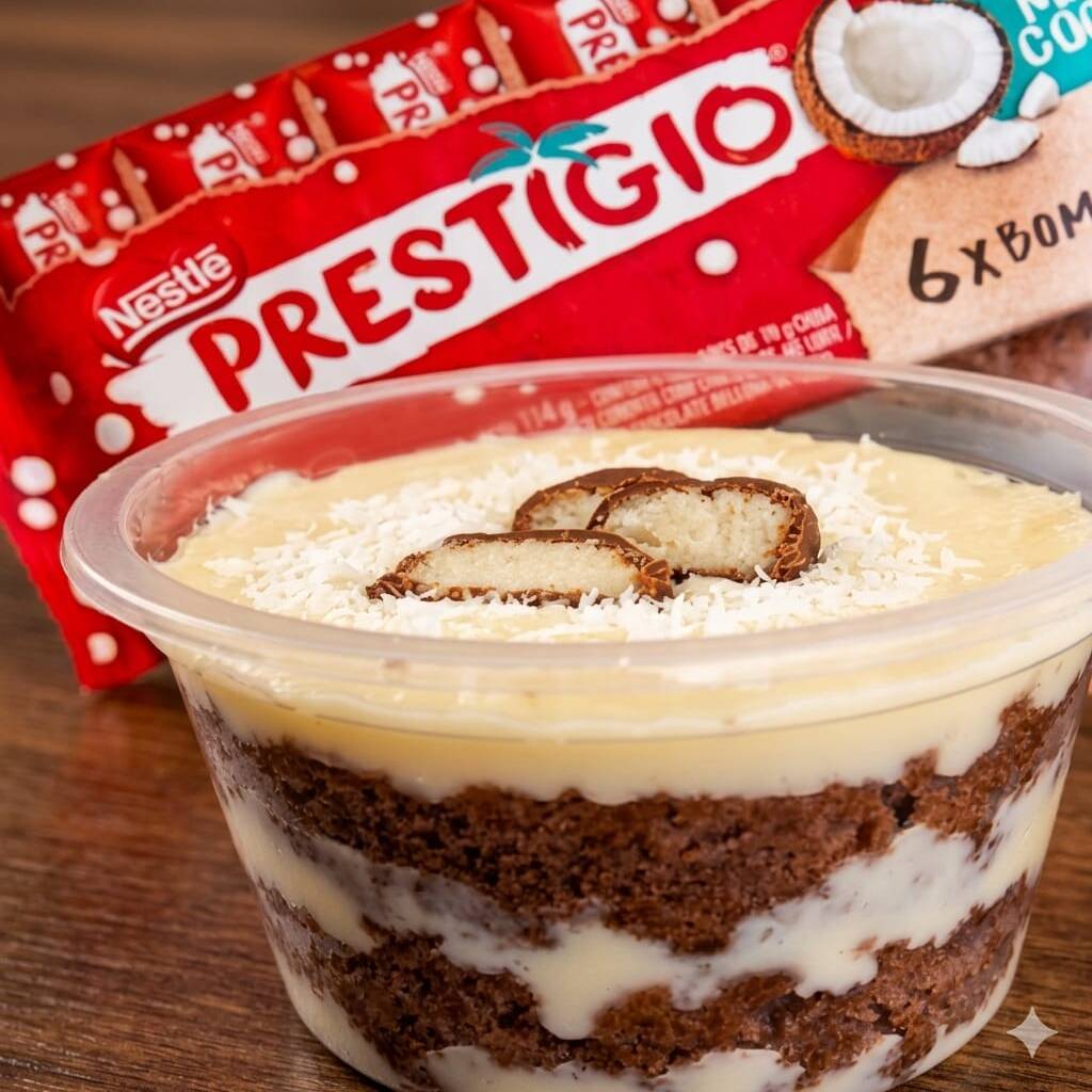 Bolo no pote sabor Prestígio, chocolate cremoso com recheio intenso de côco, perfeito para quem ama prestígio!